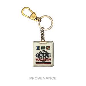 🔴 Gucci Embroidered Worldwide logo Keychain - White Leather